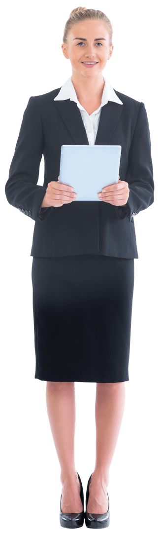 Transparent Businesswoman Holding Tablet Smiling at Camera