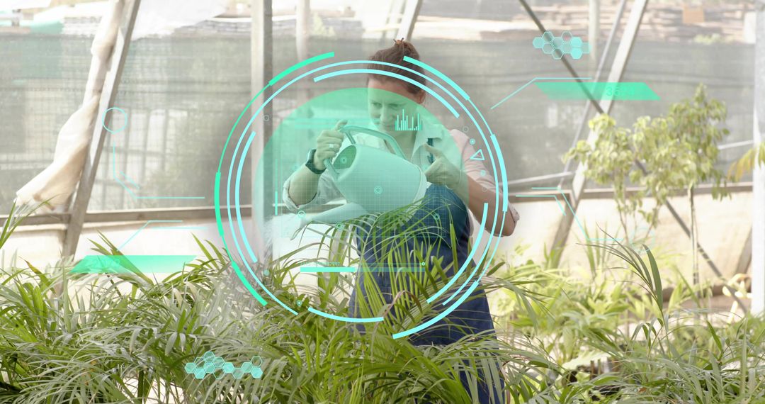 Greenhouse gardener watering and inspecting potted plants with augmented reality overlay