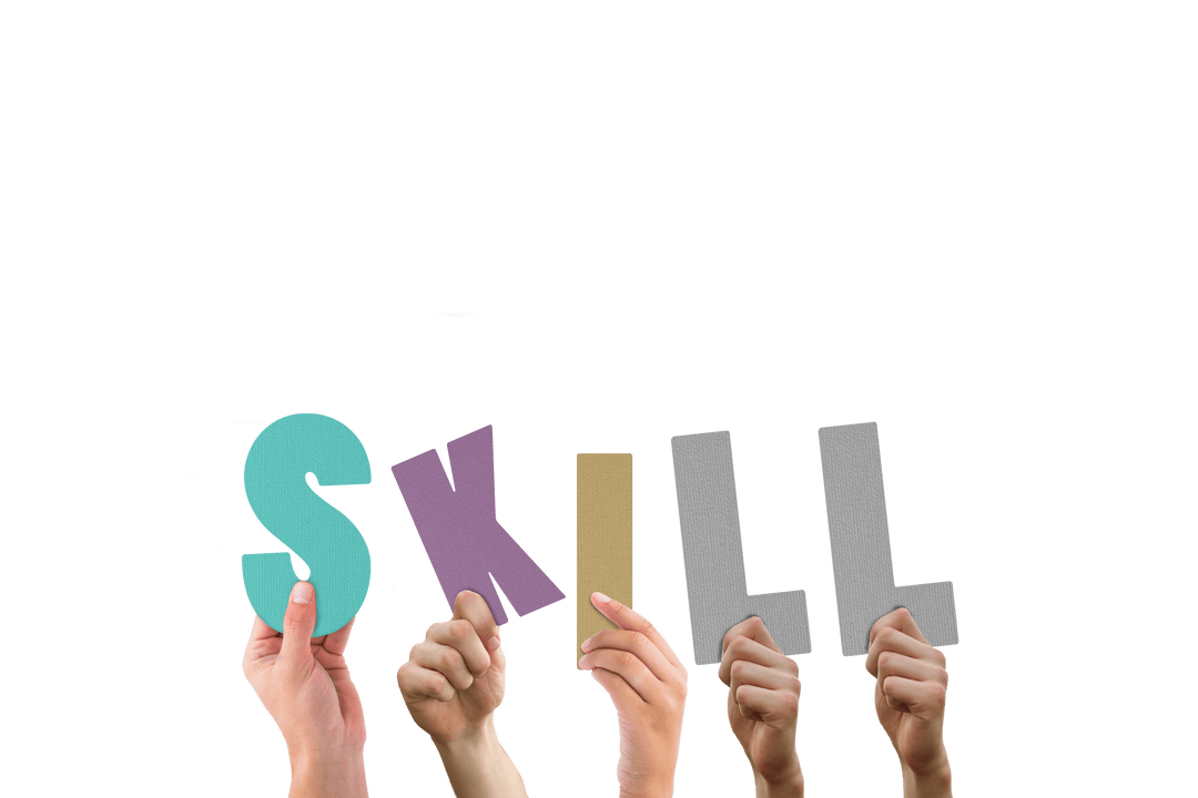 Hands Holding SKILL Letters on Transparent Background