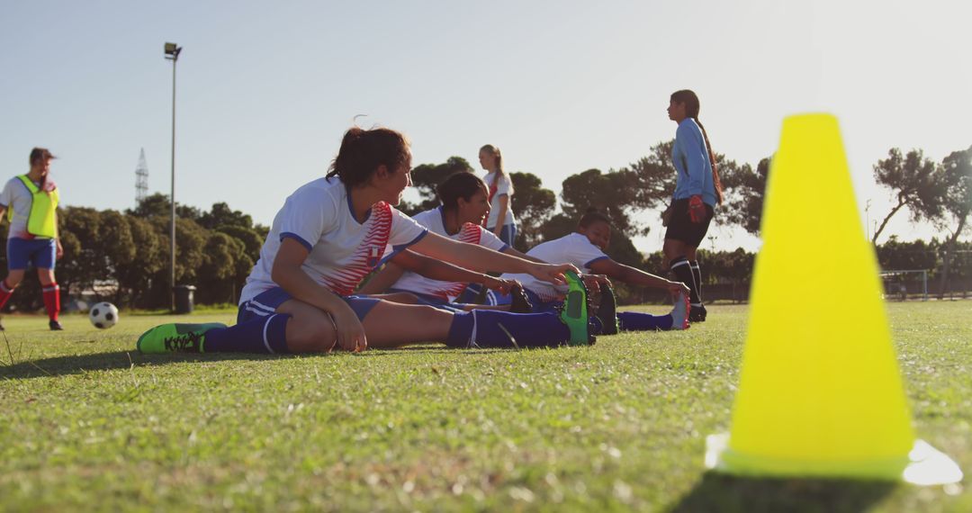 Female Soccer Team Stretching Before Game on Sunny Field - Free Images, Stock Photos and Pictures on Pikwizard.com