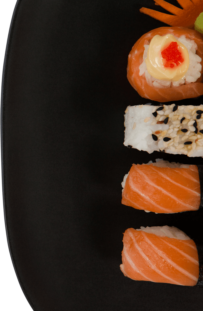 Sushi Variety on Black Plate Transparent Background