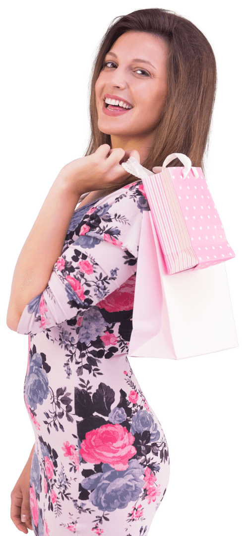 Smiling Brunette Woman Holding Pink Paper Shopping Bags on Transparent Background