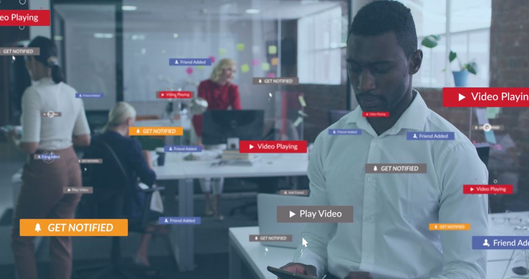 Modern Businessman Navigating Office with Social Media Elements