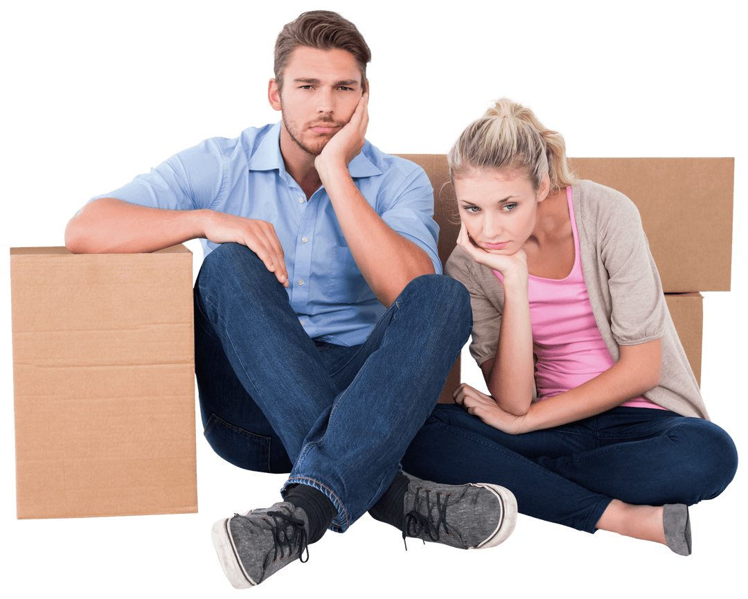 Transparent Unhappy Couple Sitting Among Moving Boxes at Home