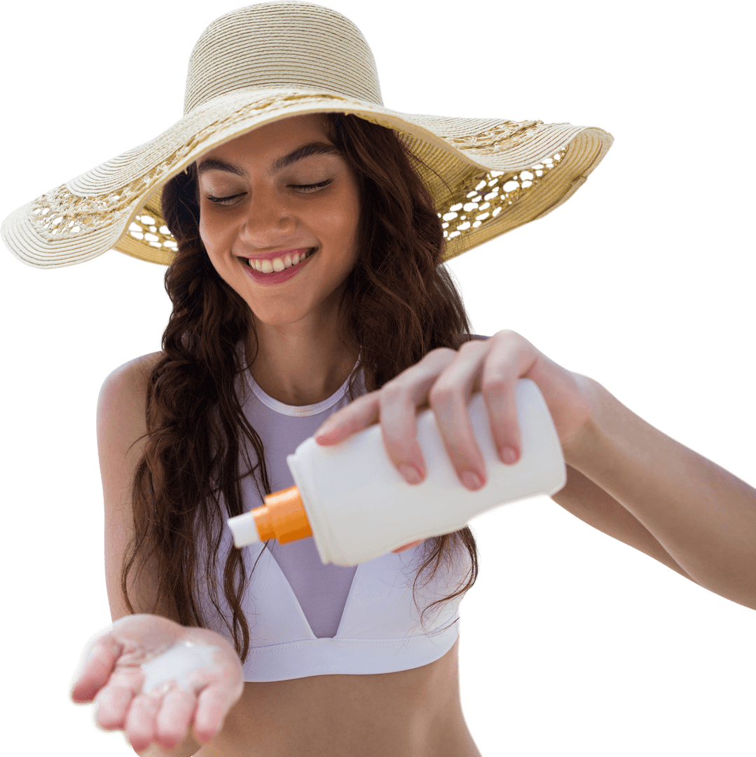 Caucasian Woman Applying Sunscreen with Sunhat on Transparent Background