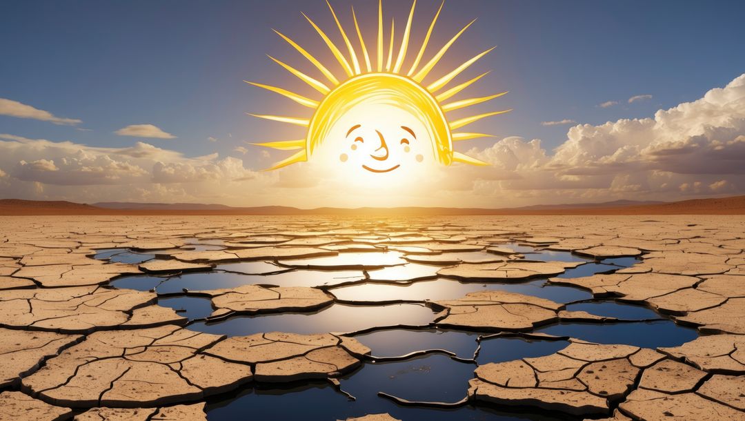 Cartoon sun smiling over cracked desert with water reflections after drought