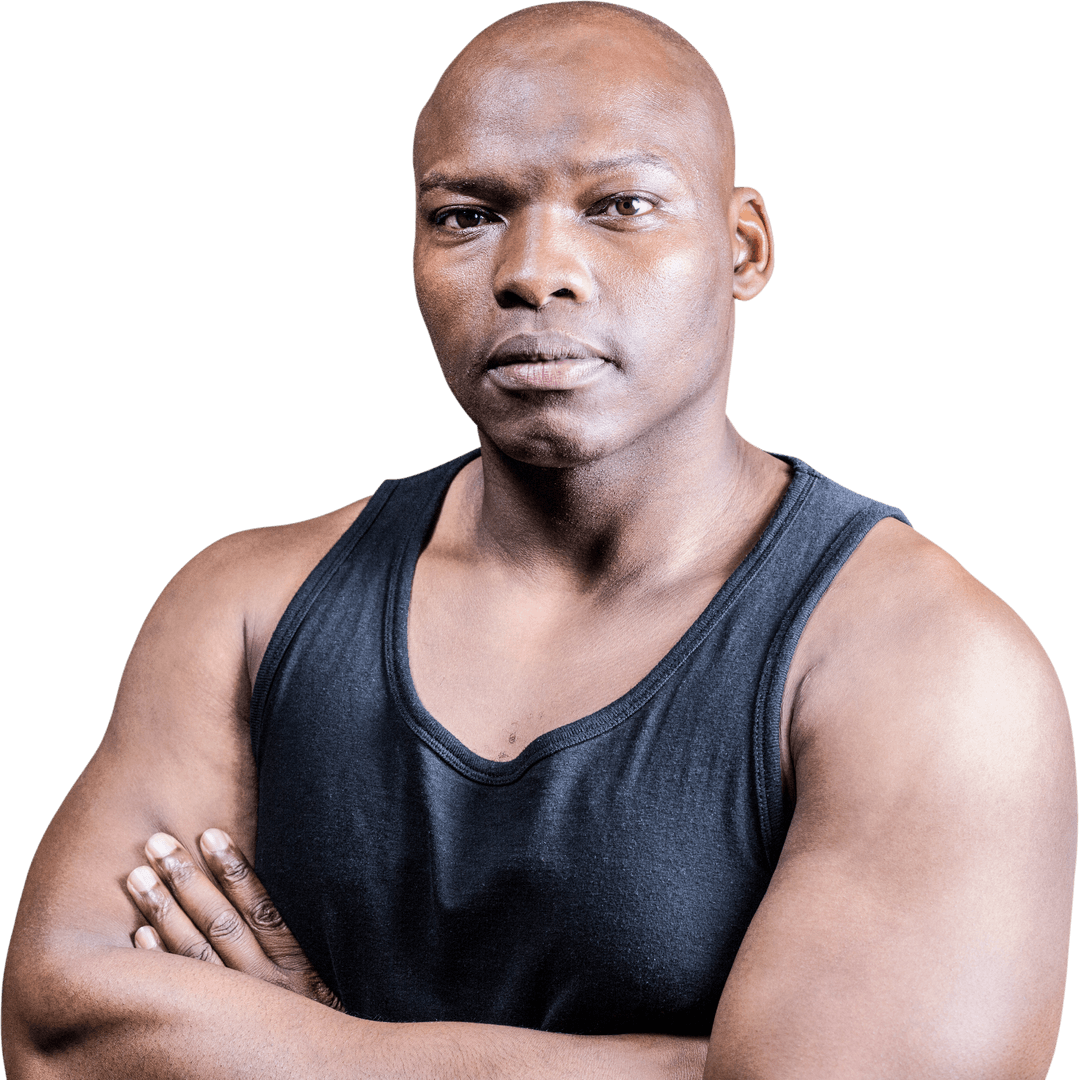 Confident Bald Bodybuilder in Black Tank Top Arms Crossed Transparent
