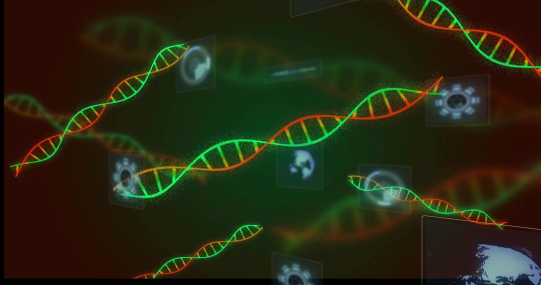 Futuristic neon DNA helix visualizing genomic data with holographic globe and UI elements