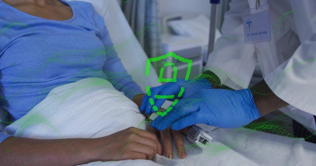 Clinician applying pulse oximeter clamp to patient finger in hospital ward monitoring vitals