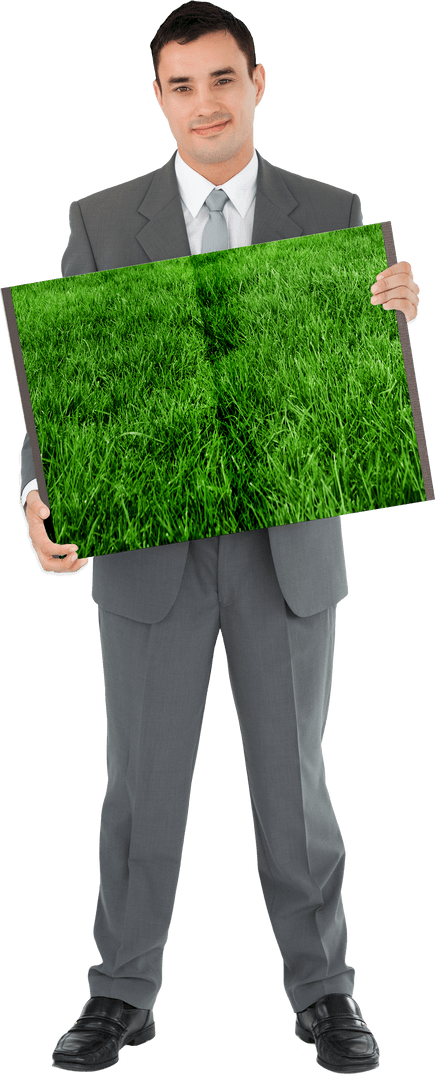 Caucasian Businessman Holding Book with Green Page on Transparent Background