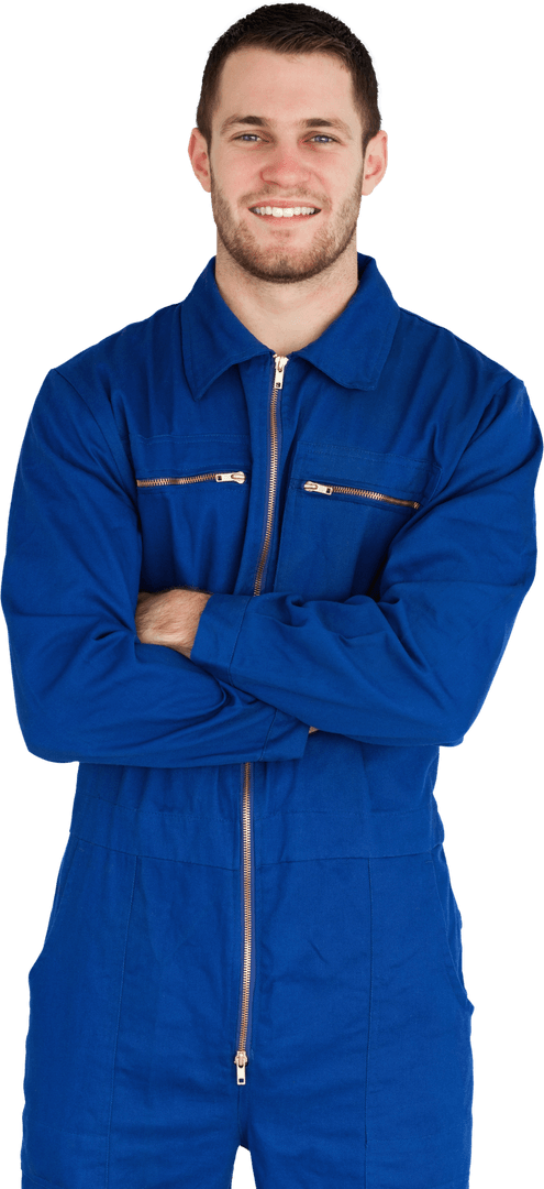 Smiling Mechanic in Transparent Blue Boiler Suit