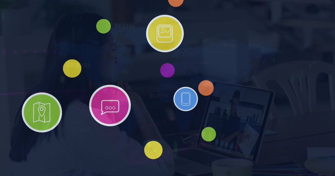 Social Media Icons Surrounding Woman Using Laptop on Digital Interface