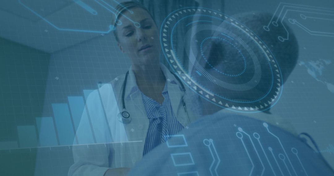 Doctor Analyzing Healthcare Analytics with Holographic Dashboard