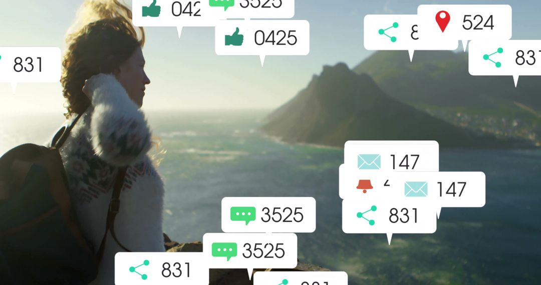 Hiker Overlooking Ocean with Digital Icons and Notifications
