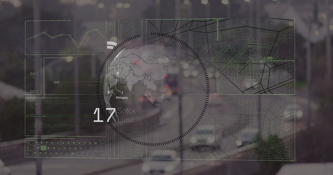 Digital Globe with Data Overlays on Blurred Cityscape Background