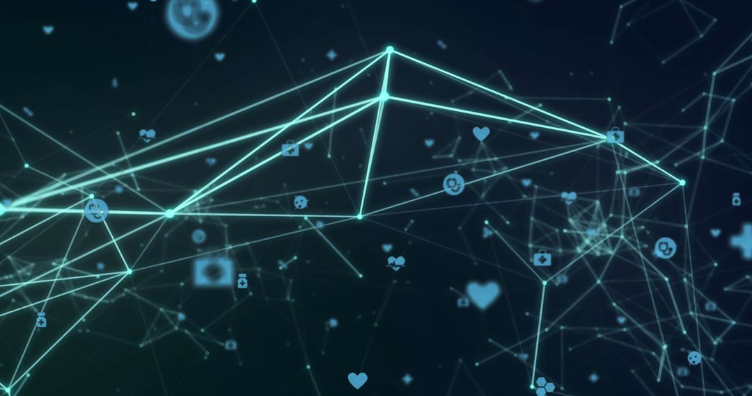 Futuristic Digital Network with Medical Icons on Dark Background
