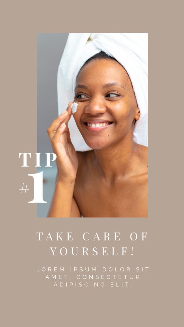 Vertical image of tip 1 take care of yourself over happy african american woman moisturizing face - Download Free Stock Templates Pikwizard.com