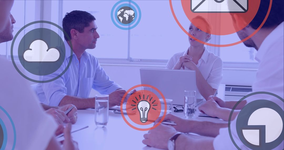 Office Colleagues Engaged in Meeting with Digital Concept Overlays