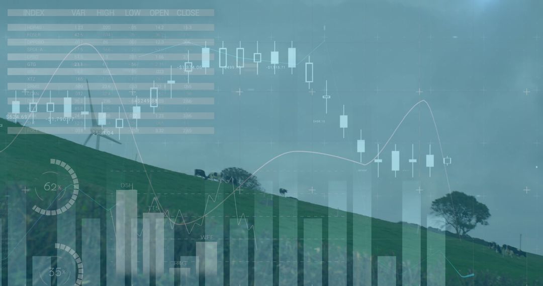 Increasing Stock Graph and Wind Turbines in Countryside