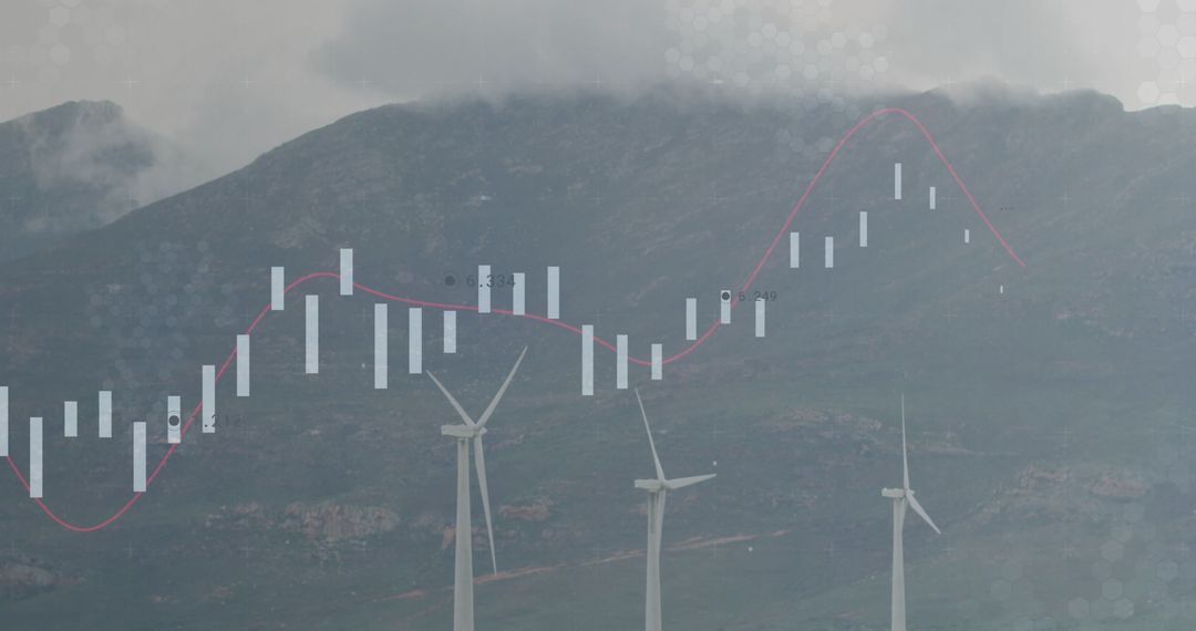 Wind Turbines and Financial Chart Against Mountain Landscape