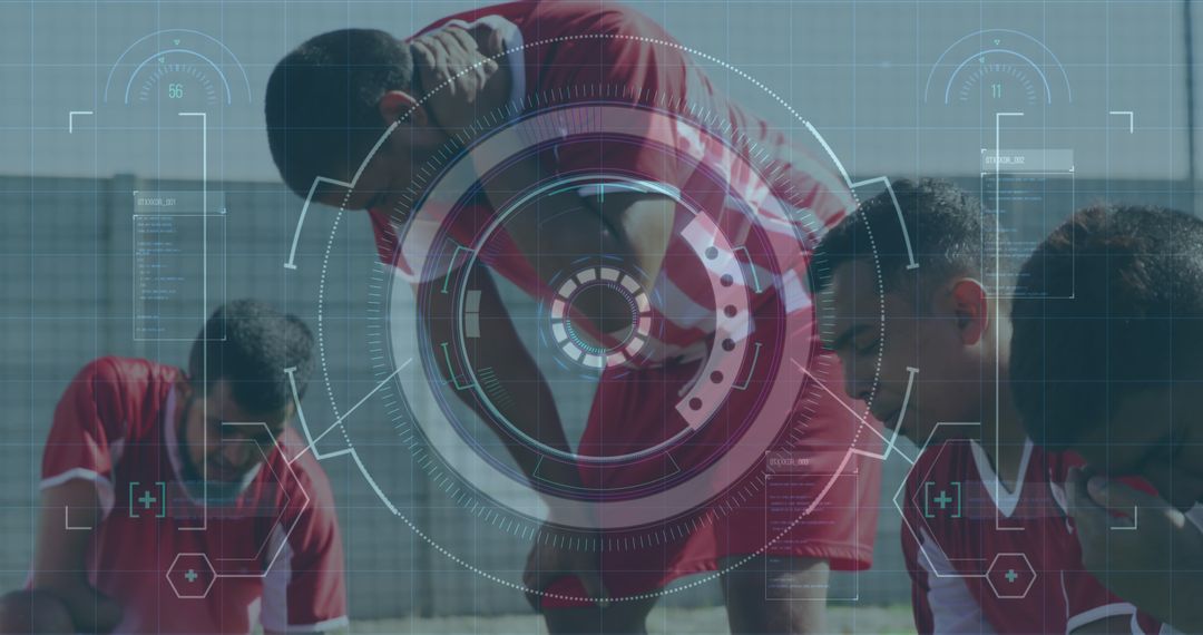 Exhausted Male Soccer Players with Digital Futuristic Overlay - Free Images, Stock Photos and Pictures on Pikwizard.com