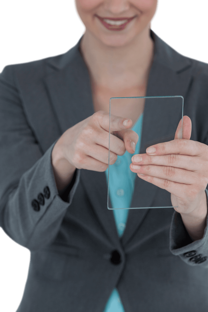 Smiling Businesswoman Holding Transparent Imaginary Technology