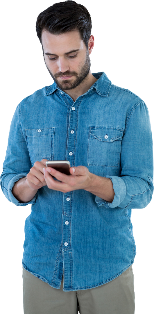 Man in Denim Shirt Using Mobile Phone on Transparent Background - Download Free Stock Images Pikwizard.com