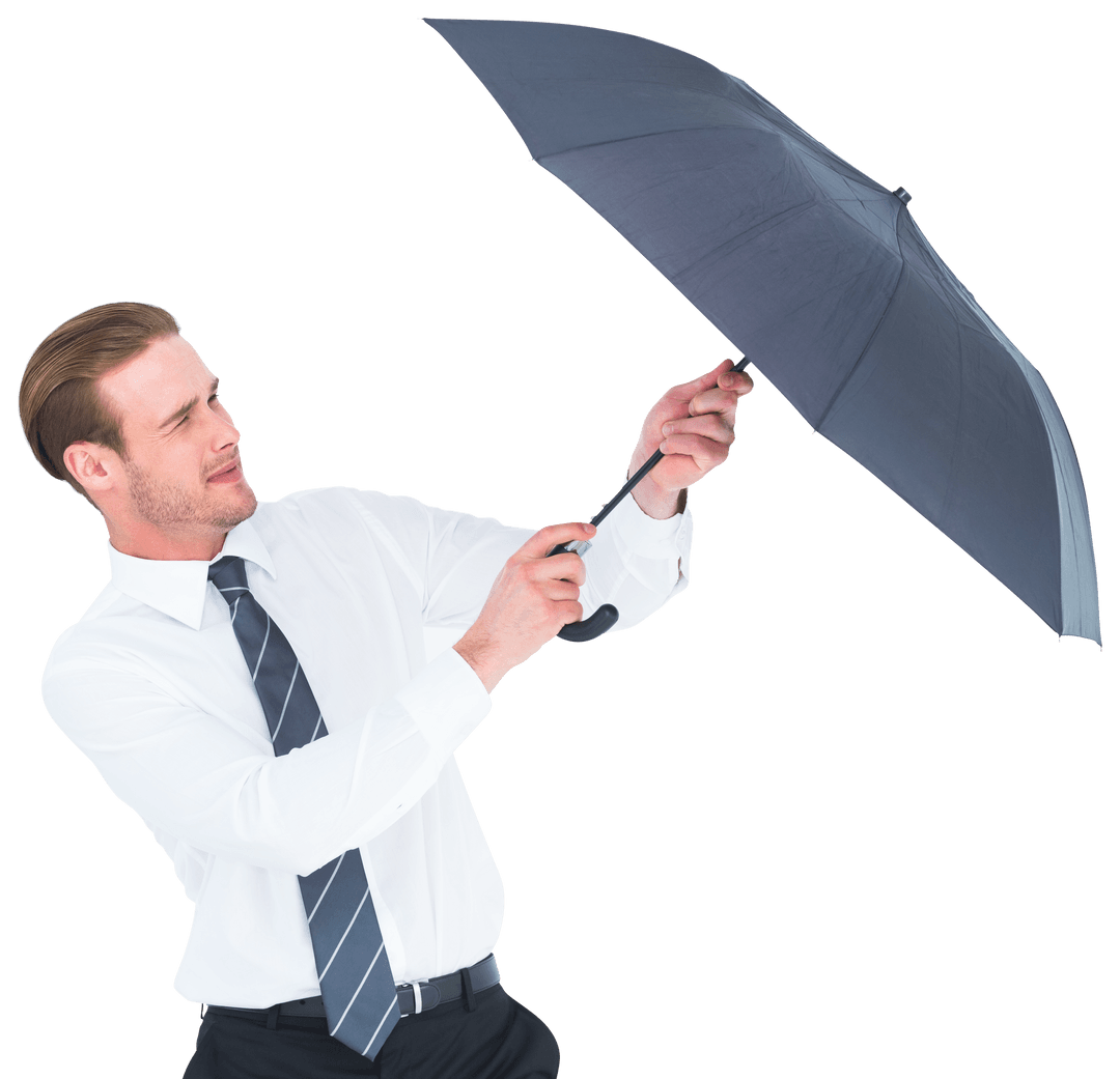 Businessman Struggling with Umbrella Against Wind Transparent Background