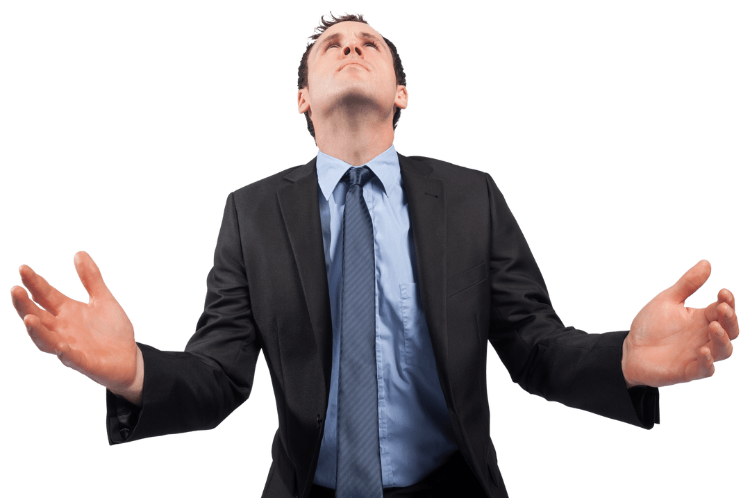 Transparent Businessman in Suit with Open Arms Expressing Relief