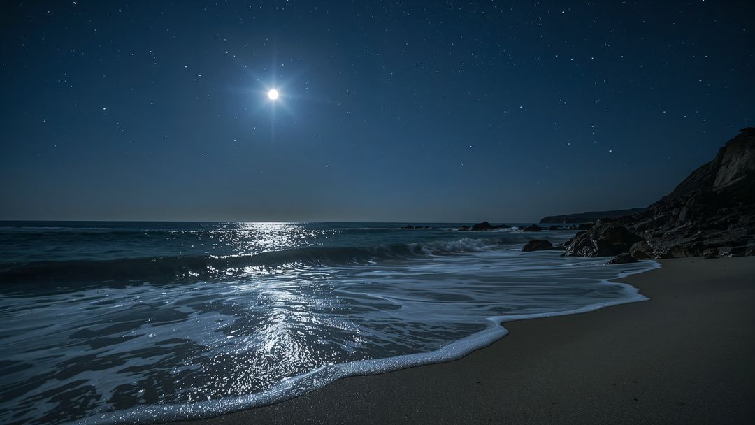 Full Moon and Starry Night Over Serene Coastal Waves