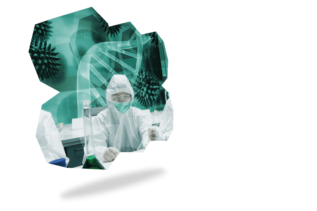 Transparent Science Illustration: Virus, DNA, Female Scientist in Lab