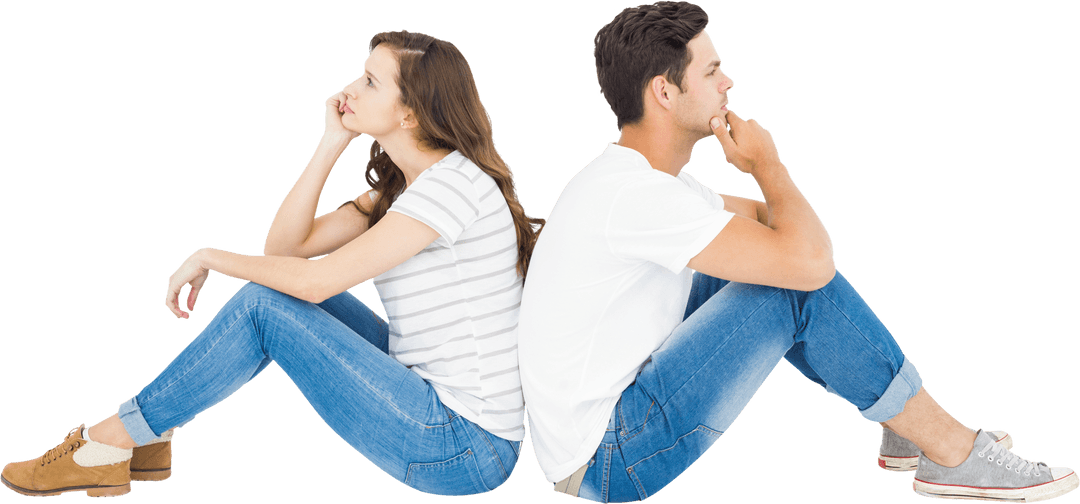 Thoughtful Couple Sitting Back to Back on Transparent Background