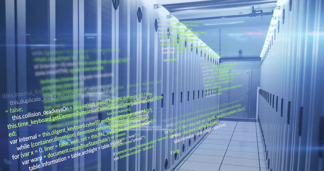 Modern Data Center with Code Overlay Representing Cybersecurity