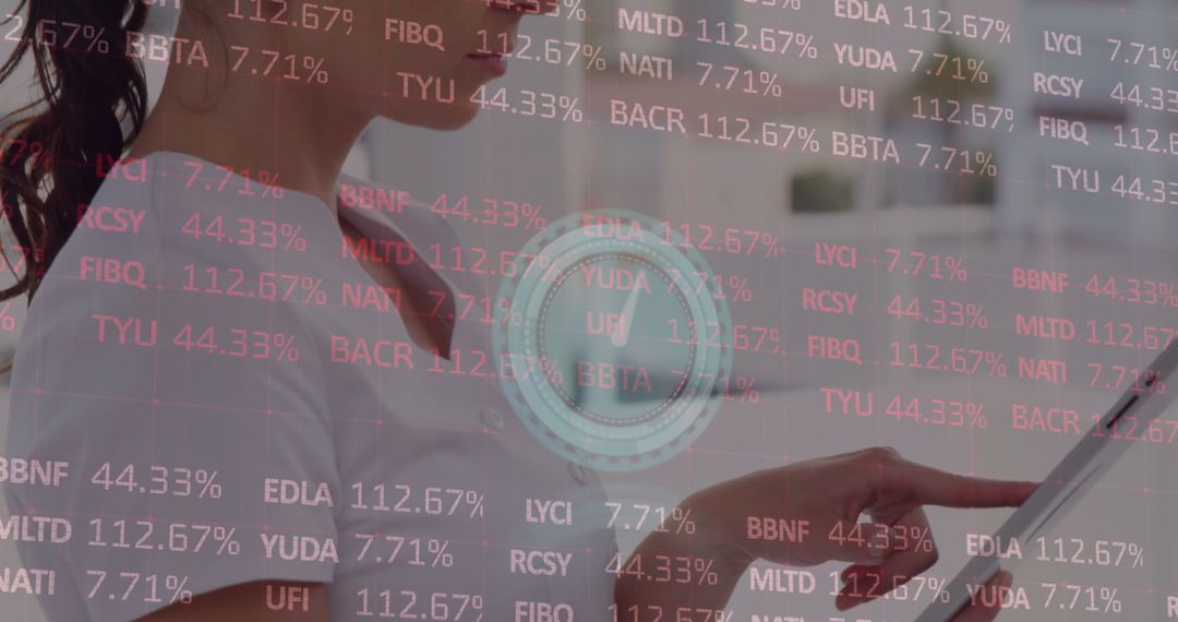 Businesswoman Interacting with Digital Financial Data Overlay on Tablet