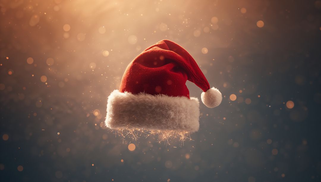 Floating Santa Hat with Sparkling Fur and Warm Bokeh Holiday Glow