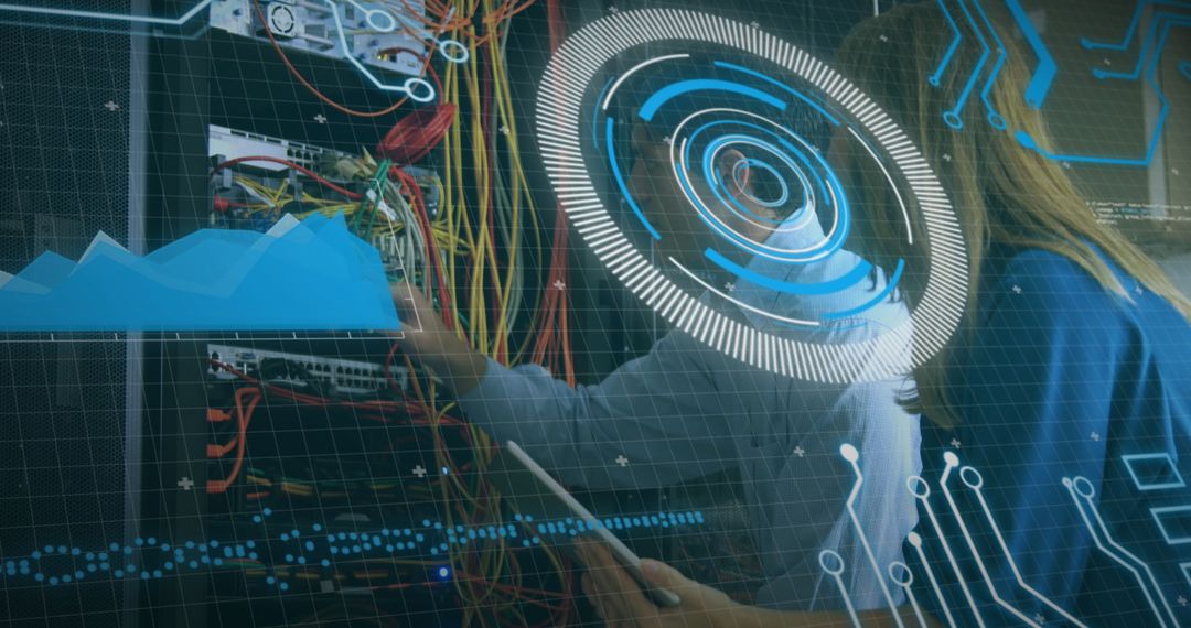 Engineers Working in Server Room with Futuristic Data Interface Overlay
