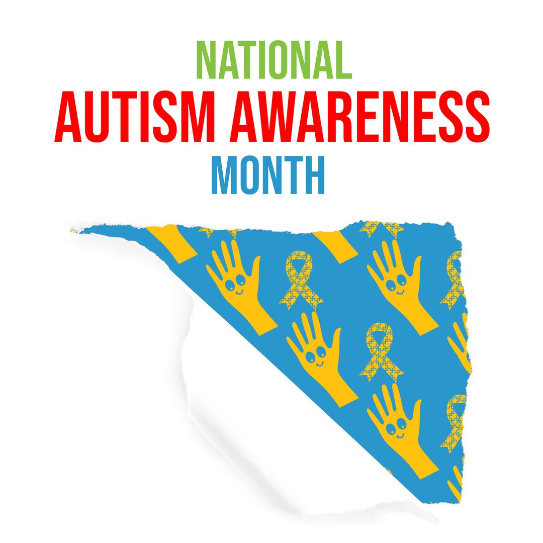 National Autism Awareness Month Graphic with Ribbon and Hand Symbols