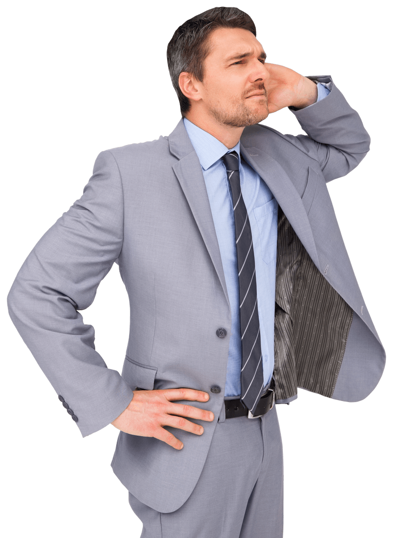 Insecure Caucasian Businessman Listening on Transparent Background