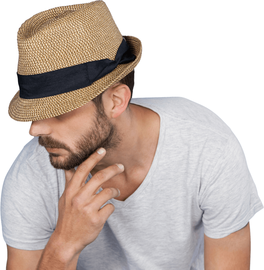 Pensive Man in Stylish Hat on Transparent Background