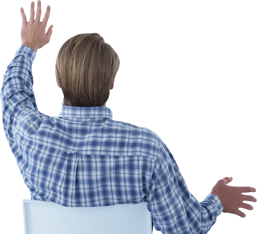Rear View of Man in Checkered Shirt Using Transparent Interface