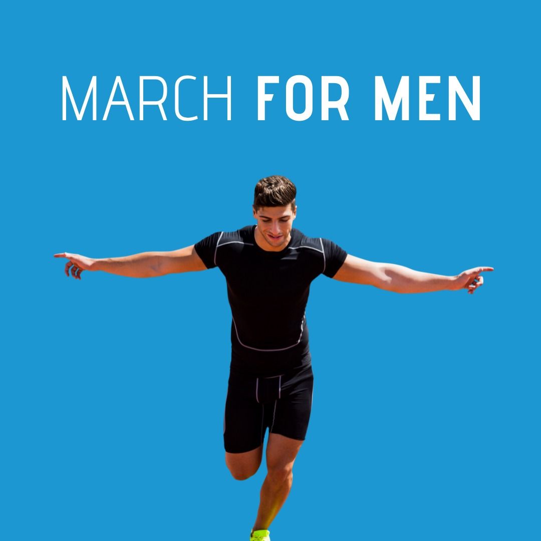 Digital composite image of march for men text over caucasian man running against clear blue sky - Download Free Stock Templates Pikwizard.com