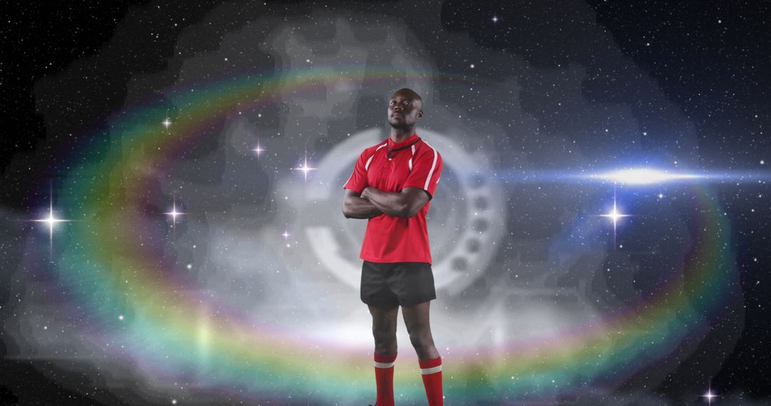 Rugby Player in Cosmic Background with Radiant Light
