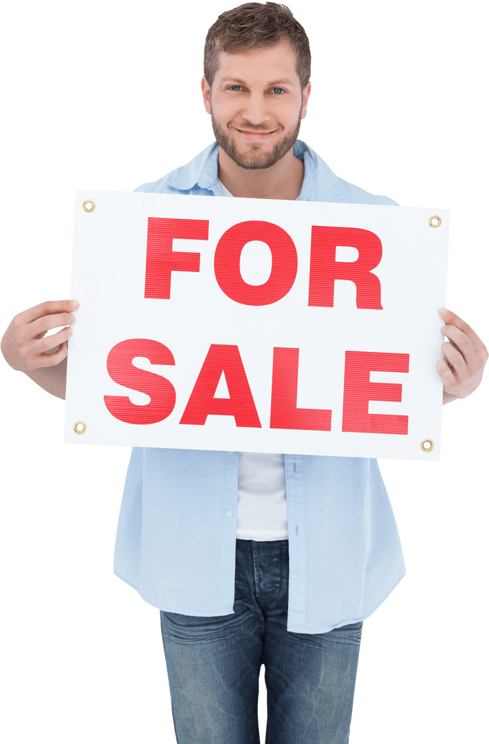 Smiling Man Holding Transparent For Sale Sign Isolated