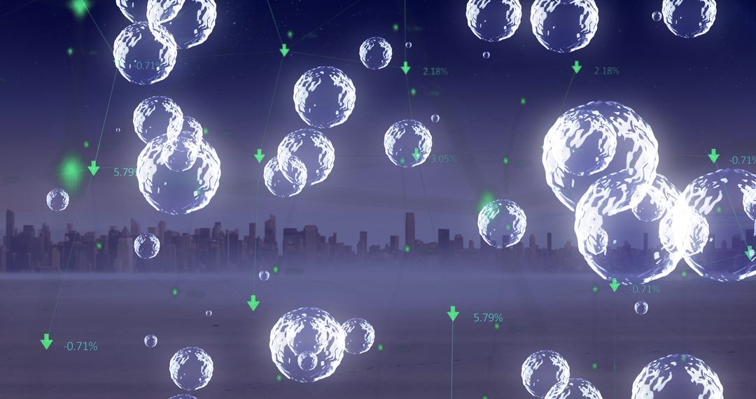 Digital Bubbles Overlaying Cityscape Symbolizing Connectivity