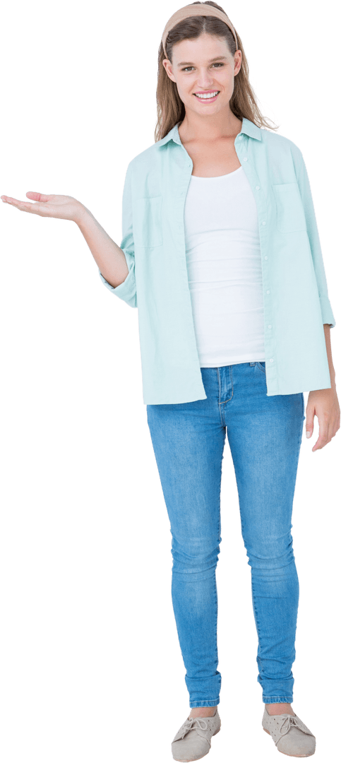 Smiling Woman With Transparent Background Presenting Open Hand