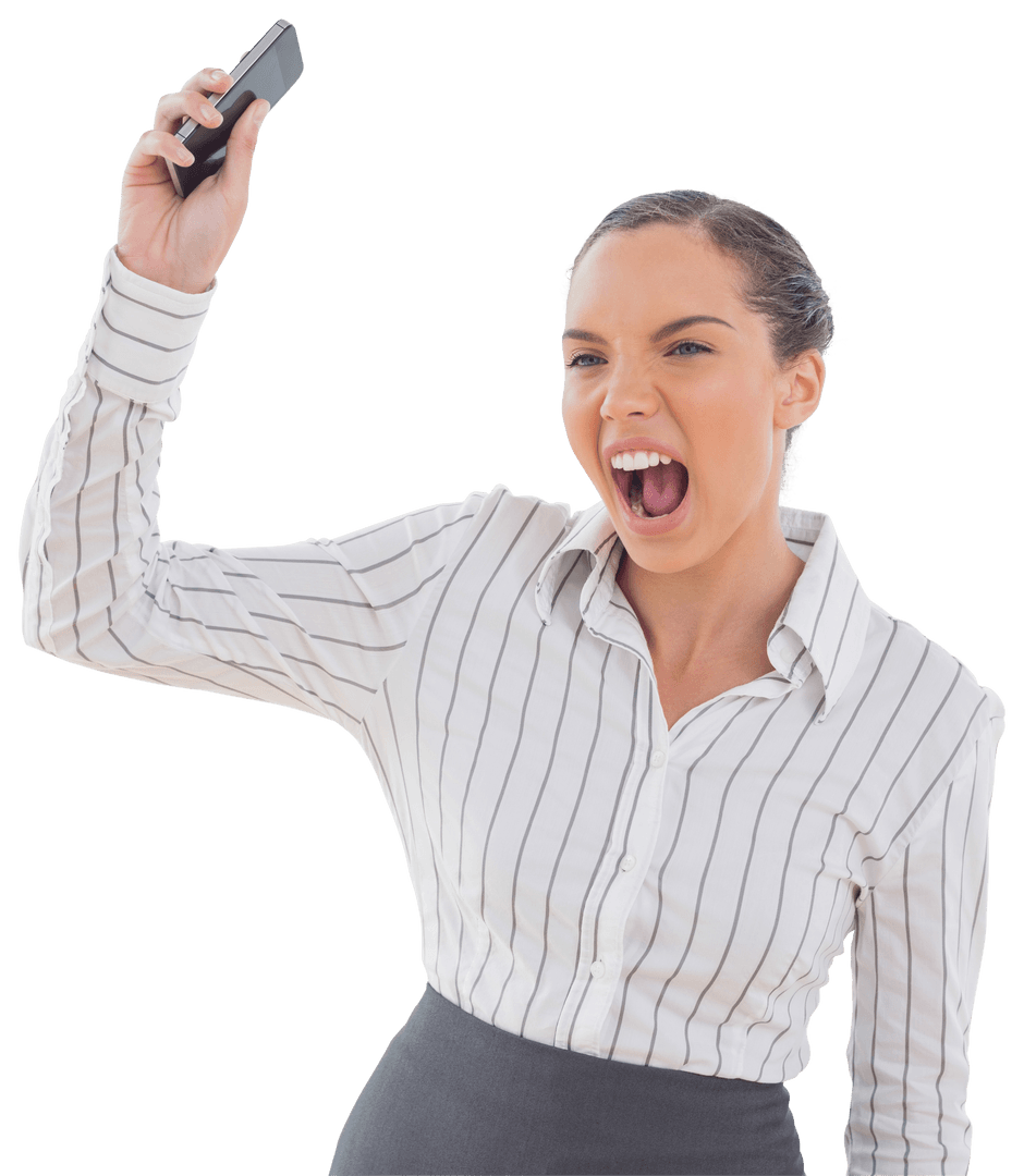 Frustrated Businesswoman Yelling with Transparent Mobile Phone Backup