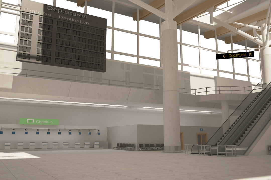Transparent Digital Airport Interior with Departure Board and Escalator