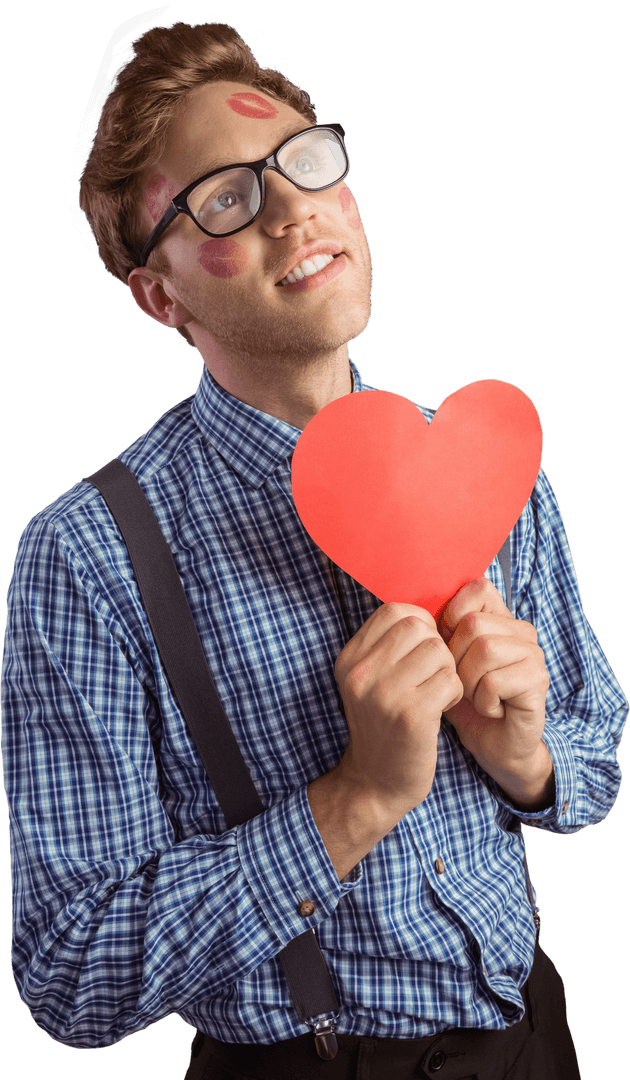 Geeky Hipster Covered in Red Lipstick Kisses Holding Heart Transparent