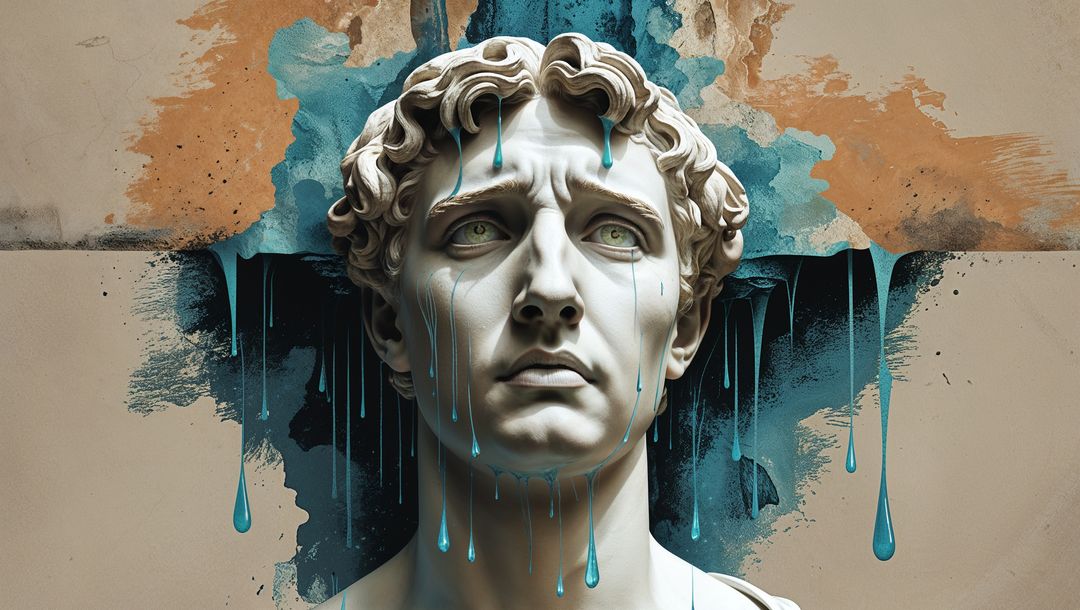 Marble Bust with Dripping Turquoise Paint in Artistic Gallery Space