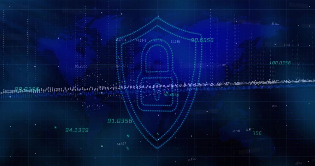 Dotted Shield with Padlock Over Global Grid Showing Cybersecurity Analytics and Telemetry
